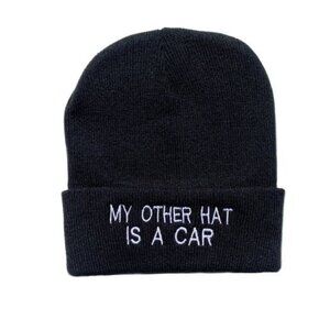 Beanie Hat With "My Other Hat Is A Car" Embroidery Black Knit Winter Cap